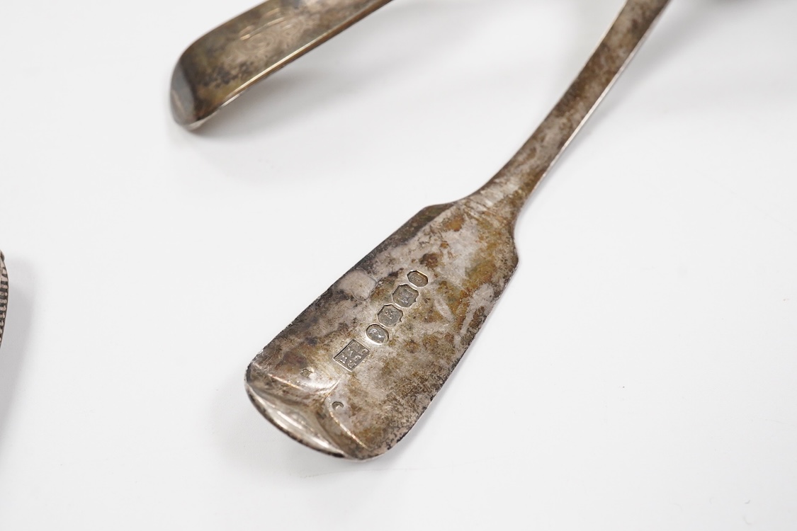 Small silver including a pair of Victorian provincial fiddle pattern sauce ladles, Robert Williams & Sons, Exeter, 1845, 16.6cm, a Victorian card case by Hilliard & Thomasson, two vesta cases, a sovereign case, a 1970's